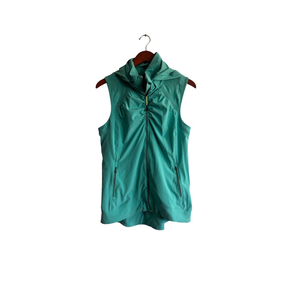 Tangerine Womens Teal Green Ruched Hooded Full Zip Activewear Vest Size Large